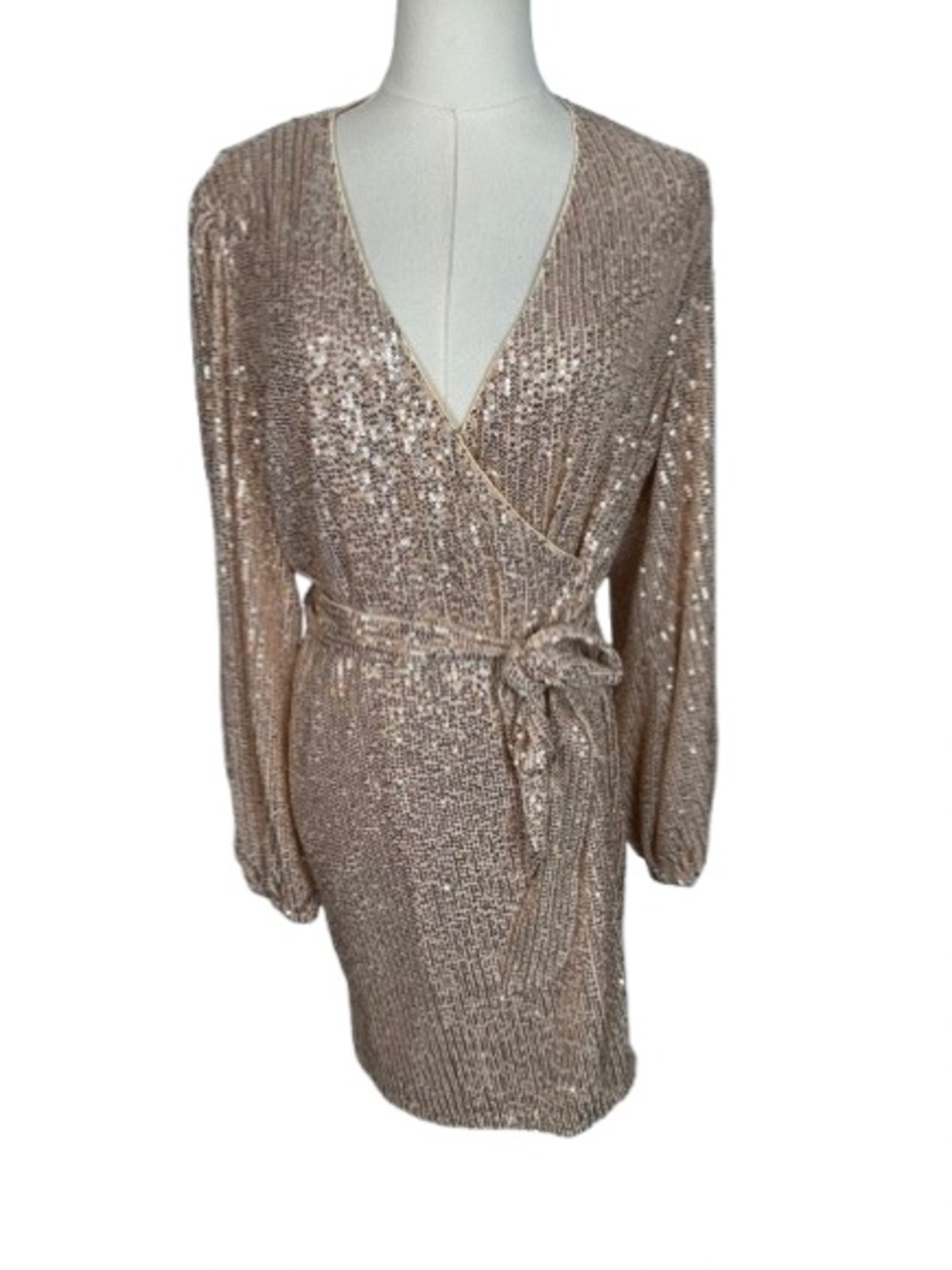Lulu's Champagne Sequin Wrap Long-Sleeve Dress